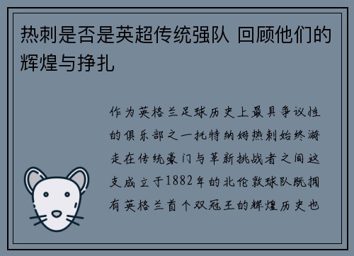 热刺是否是英超传统强队 回顾他们的辉煌与挣扎